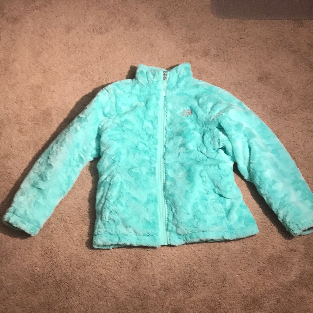 mint green and light grey puffed jacket.